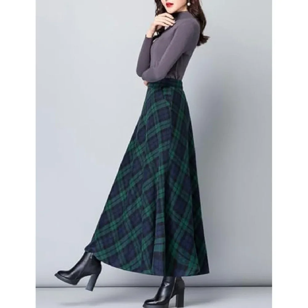 Warm Wool Plaid A-Line Skirt High Waist Elastic Pleated Long - Picture 3 of 4